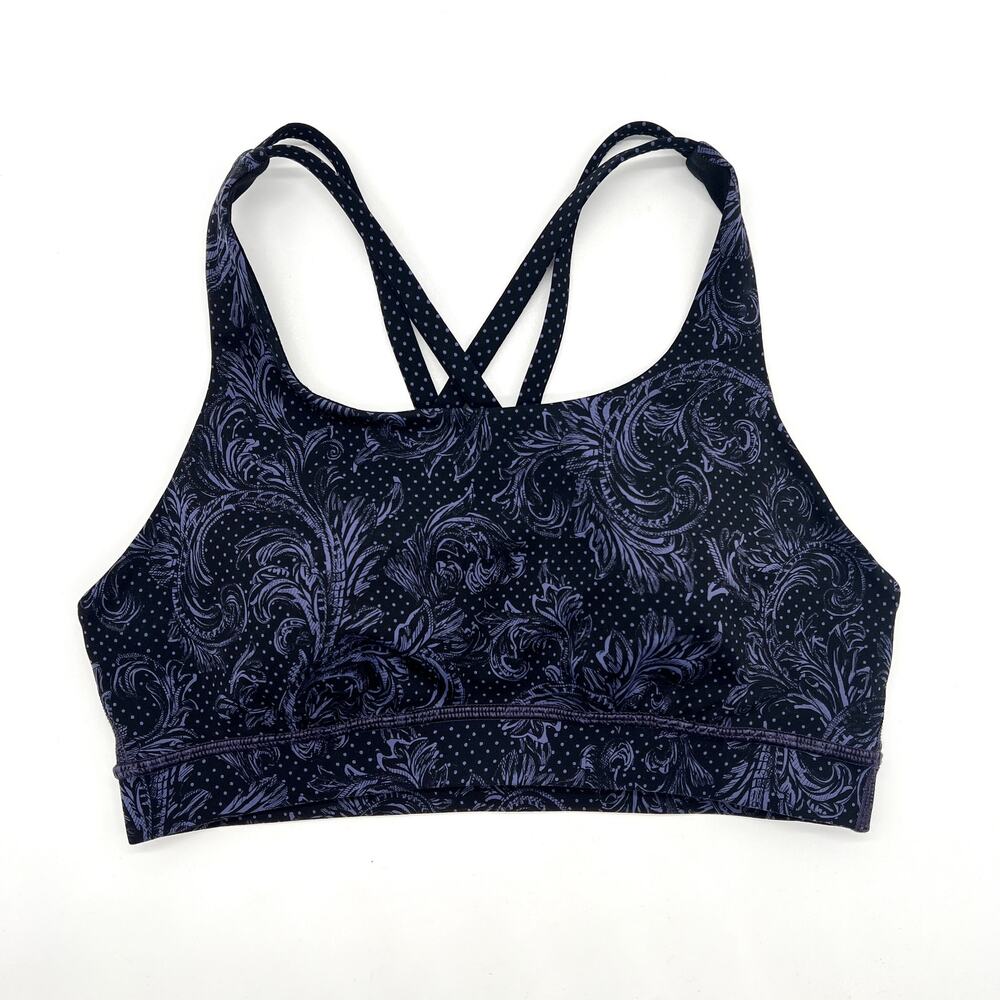 LULULEMON Energy Bra Womens 6 Black Purple Floral Paisley Polka Dot Strappy